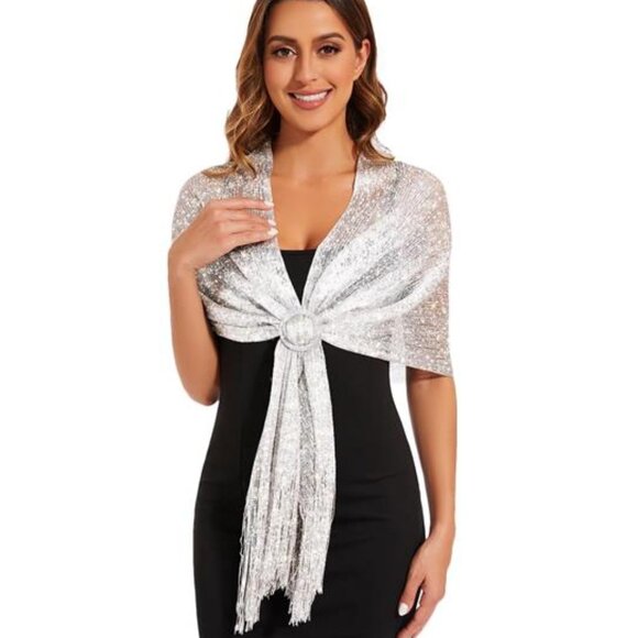 Silver Sparkling Metallic Shawls and Wraps with Buckle, for Evening Dresses Part - Picture 6 of 6